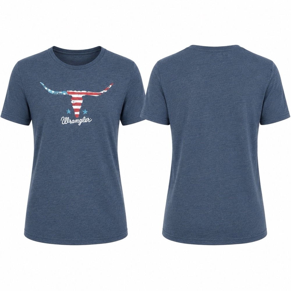 Wrangler Mens Graphic T-Shirt Longhorn USA Flag Blue Heather Large 10MQ6207B NWT